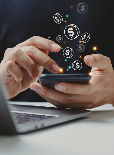hand of businessman using smart phone with coin icon.